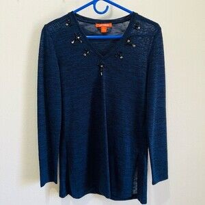 Joe Fresh Navy V-Neck Long Sleeve Tunic Top Side Slits Jeweled Neck Size Small